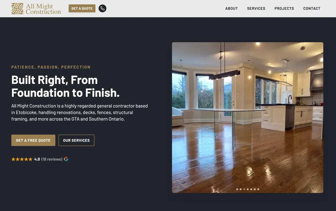 All Might Construction website